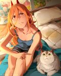  1girl absurdres animal bare_arms bed blush breasts cat chainsaw_man closed_mouth clothes_hanger cross-shaped_pupils electric_fan fang fang_out hair_between_eyes highres horns khyle. long_hair looking_at_viewer meowy_(chainsaw_man) on_bed orange_eyes orange_hair panties pillow pointing pointing_at_another poster_(object) power_(chainsaw_man) short_shorts shorts sitting symbol-shaped_pupils teenage_mutant_ninja_turtles underwear 