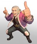  1boy belt black_footwear black_vest golden_kamuy hieumay highres jacket male_focus open_clothes open_jacket open_mouth pointing pointing_up purple_jacket shiraishi_yoshitake simple_background smile solo vest white_background 