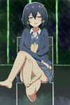  1girl bare_legs barefoot bars black_hair blue_bow blue_bowtie blue_jacket blue_skirt blush bow bowtie chair commentary_request crossed_arms crossed_legs feet flower folding_chair frown hair_between_eyes hair_flower hair_ornament highres indoors jacket looking_at_viewer loose_bowtie mizuno_ai panties pantyshot parted_lips plaid plaid_bow plaid_bowtie plaid_skirt raichi_(ddq0246) red_eyes school_uniform shirt short_hair sitting skirt soles solo toes underwear vest white_panties white_shirt yellow_vest zombie_land_saga 