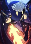  1boy absurdres broken_mask cape cola_cola00 commentary_request glowing glowing_sword glowing_weapon highres holding holding_sword holding_weapon kirby_(series) looking_at_viewer male_focus mask meta_knight purple_footwear solo sword weapon yellow_eyes 