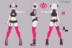  1girl absurdres artist_name ass back boots bow commentary english_commentary from_side full_body grey_background grey_hair hair_between_eyes highres horns indie_virtual_youtuber multiple_horns multiple_views nano_(nanoless) nanoless patreon_username reference_sheet sharp_teeth short_hair short_shorts shorts simple_background skindentation smile standing teeth thighhighs twitter_username virtual_youtuber watermark 