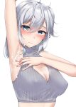  1girl absurdres arm_up armpits blue_eyes blush breasts cleavage cum cum_on_armpits cum_on_body grey_hair hair_between_eyes highres kantai_collection kiritto large_breasts long_hair looking_at_viewer one_side_up simple_background sleeveless solo suzutsuki_(kancolle) sweat upper_body 