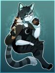  5_fingers ambiguous_gender anthro biped claws clothed clothing coff dipstick_tail domestic_cat duo eyewear felid feline felis female feral fingers glasses hair hi_res mammal markings naomi_(kersona) pawpads smile tail tail_markings whiskers 