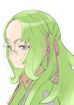  1girl asanagi_obi blue_eyes commentary_request denonbu forehead glasses green_hair hair_ribbon highres kojima_hirokazu long_hair looking_at_viewer pink_ribbon puckered_lips ribbon round_eyewear simple_background solo upper_body white_background 