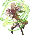  1girl armpits bare_shoulders belt blonde_hair book boots breasts capelet citrinne_(fire_emblem) dress feathers fire_emblem fire_emblem_engage fire_emblem_heroes floating floating_object full_body gold_trim hair_ornament hands_up highres knee_boots long_dress magic medium_breasts ne-on non-web_source official_art open_book open_mouth pantyhose purple_eyes short_hair smile solo teeth transparent_background upper_teeth_only 