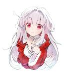  1girl clara_(honkai:_star_rail) closed_mouth hair_between_eyes highres holding holding_hair honkai:_star_rail honkai_(series) jacket long_hair long_sleeves looking_at_viewer red_eyes red_jacket sidelocks simple_background solo toro_astro upper_body white_background white_hair 