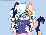  absurd_res calico_cat clothed clothing disability domestic_cat eyewear felid feline felis female glasses hi_res looking_at_viewer mammal mrpandragon mute notebook sanura simple_background solo 