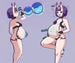  1girl ass before_and_after big_belly bloated drinking drunk fate/grand_order fate_(series) full_stomach hand_on_own_stomach horns inflation lewdyspaghette licking_lips oni_horns purple_hair short_hair shuten_douji_(fate) tongue tongue_out 