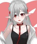  1girl ao_oni_(onioni-aoi) arknights bare_shoulders earrings fangs grey_hair hair_ornament highres jewelry pale_skin pointy_ears red_eyes vampire warfarin_(arknights) 