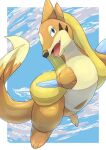  absurd_res ambiguous_gender biped black_nose brown_eyes cloud detailed_background feet feral fingers floatzel generation_4_pokemon hi_res nintendo open_mouth orange_body orange_skin pokemon pokemon_(species) solo tanpakuroom teeth toes tongue 