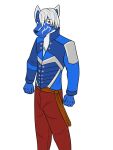  anthro asymmetrical_hair blue_body canid canine canis clothed clothing fully_clothed fuze garu_(kyuranger) hair hi_res male mammal red_eyes simple_background solo uchu_sentai_kyuranger white_background white_hair wolf 