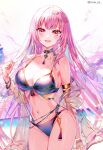  1girl absurdres bare_shoulders bikini black_bikini black_choker blush breasts choker cleavage collarbone highres hololive hololive_english large_breasts long_hair looking_at_viewer mori_calliope navel open_mouth pink_hair red_eyes smile solo sowon swimsuit thighs virtual_youtuber 