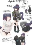  1girl 1other absurdres animal_ear_fluff animal_ears arknights ass black_bra black_choker black_gloves black_hair black_panties black_shirt black_shorts black_socks blush bra breasts cat_ears cat_girl cat_tail choker coat doctor_(arknights) english_text full_body gloves green_eyes grey_jacket headset highres hood hood_up hooded_coat hooded_jacket id_card jacket jessica_(arknights) k0ng knee_pads large_breasts long_hair long_sleeves looking_at_viewer multicolored_hair open_mouth panties ponytail red_hair see-through shirt shorts simple_background single_knee_pad socks tail tears underwear white_background white_shirt 
