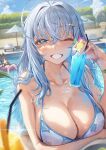  2girls ahoge bare_shoulders beach bikini blue_bikini blue_eyes blue_hair blue_sky blurry blurry_background blush breasts cleavage cloud cocktail cocktail_glass collarbone commentary_request cup day drink drinking_glass food fruit grin hair_ornament hairclip highres holding holding_cup large_breasts lemon lemon_slice looking_at_viewer multiple_girls neshia_(tsaqif0309) one_eye_closed open_mouth original outdoors pool sky smile solo_focus swimsuit teeth upper_body water wet white_bikini 