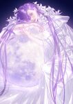  1boy alternate_costume bishounen bug butterfly dress flower hair_between_eyes highres light_xk lily_(flower) long_hair long_sleeves looking_at_viewer male_focus moon nijisanji nijisanji_en object_hug puffy_sleeves purple_eyes purple_hair purple_nails solo uki_violeta very_long_hair virtual_youtuber white_butterfly white_dress white_flower wide_sleeves 