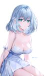  1girl aqua_eyes arms_at_sides bang_dream! bare_shoulders breasts cleavage closed_mouth collarbone commentary cowboy_shot crossed_bangs dress expressionless grey_hair hair_between_eyes hair_ribbon highres kurata_mashiro light_blush looking_at_viewer medium_breasts medium_hair revision ribbon rity short_dress simple_background sitting sleeveless sleeveless_dress solo spaghetti_strap strap_slip twitter_username white_background white_dress white_ribbon 
