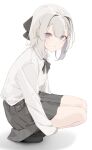  1girl black_footwear black_ribbon collared_shirt commentary english_commentary full_body grey_eyes grey_hair grey_skirt hair_between_eyes hair_intakes hair_ribbon highres hugging_own_legs loafers looking_at_viewer mayogii original pleated_skirt ribbon shadow shirt shoes simple_background skirt solo squatting white_background white_shirt 