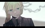  1girl amemasu79 artoria_pendragon_(fate) black_jacket black_necktie blonde_hair blue_eyes close-up collared_shirt fate/zero fate_(series) formal gradient_background grey_shirt jacket letterboxed long_hair necktie ponytail saber shirt smoke solo suit 