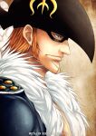  1boy 2011 bicorne black_headwear blue_eyes closed_mouth coat commentary_request dated fur-trimmed_coat fur_trim hat k-suwabe long_sideburns male_focus one_piece orange_hair short_hair sideburns simple_background solo x_drake 