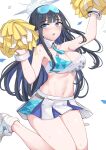  1girl arm_up armpits bare_shoulders black_hair blue_archive blue_eyes blue_hair breasts cheerleader cleavage colored_inner_hair cosplay criss-cross_halter crop_top goggles goggles_on_head halo halterneck hand_up hibiki_(blue_archive) hibiki_(blue_archive)_(cosplay) hibiki_(cheerleader)_(blue_archive) highres holding holding_pom_poms large_breasts leg_up long_hair looking_at_viewer midriff miniskirt multicolored_hair navel official_alternate_costume open_mouth panties panty_peek pleated_skirt pom_pom_(cheerleading) saori_(blue_archive) shirt shoes simple_background skirt sleeveless sleeveless_shirt sneakers solo stomach sweat thighs two-tone_hair two-tone_shirt underwear white_background white_footwear white_shirt white_skirt wing_collar wrist_cuffs yougen_kitsune 