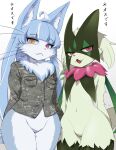  2boys 4shi :3 animal_ears blue_hair bottomless cat_boy cat_ears commentary crossover fang furry heterochromia highres japan_air_self-defense_force japan_self-defense_force long_hair meowscarada military military_uniform multiple_boys omaneko otoko_no_ko pink_eyes pokemon simple_background translated uniform yellow_eyes 