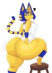 2023 animal_crossing ankha_(animal_crossing) anthro big_butt blue_hair bottomless bottomless_anthro bottomless_female butt clothed clothing domestic_cat felid feline felis female fiffer fingers furniture hair hi_res huge_butt looking_back mammal markings nintendo short_hair simple_background solo stool striped_markings striped_tail stripes tail tail_markings thick_thighs uraeus white_background white_clothing 