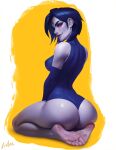  1girl artist_name ass back bare_shoulders blue_hair colored_skin dc_comics evulchibi feet forehead_jewel gem highres looking_at_viewer purple_lips purple_skin raven_(dc) red_eyes red_gemstone simple_background sitting smile solo teen_titans twitter_username yellow_background 
