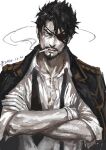  1boy beard black_hair cigarette eyepatch facial_hair formal jacket looking_at_viewer male_focus mustache necktie shin_sangoku_musou shirt short_hair sketch smoke smoking solo suit sun_dou xiahou_dun 