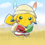  backpack bag black_eyes blue_sky bright_pupils brown_bag chiren_(kc_chen) cloud cosplay grass hat_feather holding holding_map kaban_(kemono_friends) kaban_(kemono_friends)_(cosplay) kemono_friends map open_mouth outdoors pikachu pokemon red_shirt shirt shorts sky solo white_pupils white_shorts 