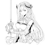  1girl arknights bare_shoulders breasts commentary hairband holding holding_sword holding_weapon horns large_breasts long_hair looking_at_viewer monochrome necktie pointy_ears saileach_(arknights) sleeveless smile solo sword symbol-only_commentary umiakira0606 upper_body very_long_hair weapon 