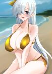  1girl anastasia_(fate) arms_between_legs asymmetrical_bangs asymmetrical_hair bare_arms bare_shoulders beach between_legs bikini blue_eyes blurry blurry_background bow breasts breasts_squeezed_together cleavage collarbone cowboy_shot fate/grand_order fate_(series) gold_bikini grey_hair hair_bow hair_over_one_eye hand_between_legs highres huge_breasts light_blush long_hair looking_at_viewer ocean open_mouth outdoors sawatarou_(roto) side-tie_bikini_bottom sitting smile solo straight_hair string_bikini swimsuit very_long_hair 