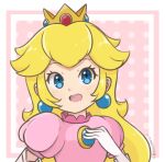  1girl artist_name blonde_hair border brooch chocomiru crown dress earrings gloves jewelry long_hair mario_(series) non-web_source pink_dress princess_peach simple_background source_request upper_body white_border white_gloves 