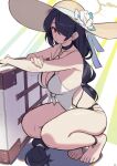  1girl barefoot black_hair blue_archive braid breasts cleavage feet flower full_body hair_over_one_eye halo hat hat_flower highres hinata_(blue_archive) hinata_(swimsuit)_(blue_archive) large_breasts legs long_hair looking_at_viewer one-piece_swimsuit red_eyes simple_background single_braid solo songchuan_li squatting sun_hat swimsuit tiptoes toenails toes very_long_hair white_flower 