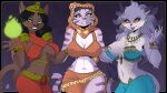  2023 anthro belladonna_(trials_of_mana) black_body black_fur black_hair black_nose breasts captain_neyla clothed clothing disney disney&#039;s_aladdin domestic_cat felid feline felis female fire fur group hair hi_res hood mammal mirage_(disney) navel nipple_outline pantherine purple_body purple_fur purple_hair sly_cooper_(series) smile sony_corporation sony_interactive_entertainment striped_body striped_fur stripes sucker_punch_productions teeth tiger trials_of_mana trio yawg 