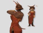  2023 anthro asian_clothing back_muscles blush blush_lines brown_body brown_fur brown_hair canid canine canis cc_notbad chinese_clothing chinese_dress choker clothing dobermann dog_knight_rpg domestic_dog dress east_asian_clothing female fur hair jewelry mammal muscular muscular_anthro muscular_female necklace pinscher rory_(ceehaz) solo stirrup_legwear 