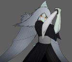  amber_eyes anthro arm_feathers asian_clothing blue_body blue_scales bone_frill clothing colored crezz_crow dinosaur east_asian_clothing elbow_feathers fang_(gvh) feather_tuft feathered_wings feathers female foreshortening frill_(anatomy) goodbye_volcano_high grey_body grey_feathers hair hi_res holding_katana holding_object holding_sword holding_weapon japanese_clothing kimono long_hair looking_at_viewer melee_weapon pterodactylus pterosaur reptile reverse_grip scales scalie short_tail silver_hair simple_background snoot_game snout solo sword sword_pointing tail tuft weapon wings 