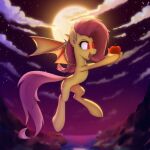  absurd_res apple bat_pony bat_wings claws cloud cutie_mark digital_media_(artwork) ear_tuft equid eyelashes fangs female feral flutterbat_(mlp) fluttershy_(mlp) flying food friendship_is_magic fruit full_moon fur glowing glowing_eyes hair hasbro hi_res holding_food holding_object inner_ear_fluff long_tail mammal membrane_(anatomy) membranous_wings moon my_little_pony night o0o-bittersweet-o0o pink_hair pink_tail plant tail teeth tuft water wing_claws wings yellow_body yellow_fur 