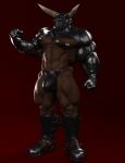  2022 3d_(artwork) abs anthro barbas_thornhide barbas_thornhide_(character) biceps bondage_gear boots bovid bovine brown_body brown_fur bulge cattle clothing digital_media_(artwork) flexing_bicep flexor_carpi footwear fur hi_res horn jockstrap leather leather_boots leather_clothing leather_footwear leather_jockstrap leather_mask leather_topwear leather_underwear male mammal mask muscular muscular_anthro muscular_male muscular_thighs navel nipple_piercing nipples pecs piercing quads red_background red_eyes simple_background solo topwear triceps underwear 