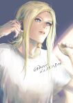  1girl aya_brea blonde_hair blue_eyes commentary highres lips long_hair noie_(neunteedelstein) parasite_eve parted_lips shirt simple_background solo t-shirt twitter_username watermark white_shirt 