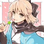  1girl aruti black_bow black_scarf blonde_hair blush bow closed_mouth commentary_request dango fate/grand_order fate_(series) floating_hair food hair_bow half_updo haori highres holding holding_food japanese_clothes kimono koha-ace looking_at_viewer okita_souji_(fate) okita_souji_(koha-ace) scarf shinsengumi short_hair smile solo twitter_username wagashi white_kimono 