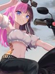  1girl arm_up bananan bandeau bare_shoulders black_pants blue_eyes breasts brown_hair commentary_request crop_top detached_sleeves grey_sky grin highres long_hair looking_at_viewer medium_breasts midriff motor_vehicle motorcycle multicolored_hair navel one_side_up pants pink_hair short_sleeves sitting sky smile solo stomach strapless sunglasses tachibana_hinano_(vtuber) tattoo thighs tube_top two-tone_hair vspo! 
