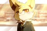  anthro blush clothing detailed_background fur half-length_portrait head_tuft hi_res jacket league_of_legends light lighting looking_at_viewer male portrait riot_games smite_(artist) smite_(character) solo topwear tuft yellow_body yellow_eyes yellow_fur yordle 
