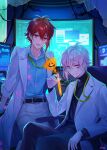  2boys belt black_belt black_shirt blue_shirt brothers closed_mouth collared_shirt computer glasses grey_pants highres holding holding_test_tube idolish7 ima_(luce365) jacket kujou_tenn lab_coat looking_at_viewer male_focus multiple_boys nanase_riku open_mouth pants pink_eyes pink_hair red_eyes red_hair shirt siblings smile smirk test_tube turtleneck twins white_jacket 