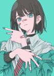  1girl bandaid bandaid_on_face bandaid_on_hand bandaid_on_nose black_collar blue_eyes blue_nails bob_cut brown_hair clenched_teeth collar collared_shirt earrings green_background green_jacket green_theme haku_geroda jacket jewelry long_bangs long_sleeves looking_at_viewer medium_hair nail_polish necktie off_shoulder open_clothes open_jacket open_mouth original red_necktie school_uniform shirt sidelocks simple_background sleeve_cuffs solo striped_necktie teeth upper_body v white_shirt wing_collar 