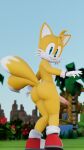  3d_(artwork) anthro blender_(software) blue_eyes butt canid canine clothing digital_media_(artwork) fox genitals gloves handwear hi_res looking_at_viewer male mammal miles_prower penis sega smile solo sonic_the_hedgehog_(series) tail twintails3d 