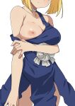  1girl blonde_hair blue_dress blush breasts choker closed_mouth commentary_request dr._stone dress head_out_of_frame highres kohaku_(dr._stone) large_breasts long_hair looking_at_viewer morisobo nipples one_breast_out short_hair simple_background smile solo standing thighs white_background white_choker 