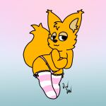  2023 big_ears big_eyes big_tail bulge canid canine clothed clothing crossdressing crossed_arms curvy_male fan_character fox fur gradient_background hi_res jun_jun jun_jun_(character) legwear lycalopex male male/male mammal orange_body orange_fur pampas_fox panties partially_clothed simple_background simple_eyes smile solo submissive tail thigh_highs toony underwear young 