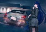 1girl black_dress black_pantyhose blue_eyes blue_hair building dress floating_hair from_behind hand_on_own_cheek hand_on_own_face highres itsuki_gen long_hair looking_at_viewer looking_back night night_sky nissan_350z nissan_fairlady_z original pantyhose parted_lips personification radio_antenna ribbed_dress sky smile smoke solo vehicle_and_personification vehicle_focus very_long_hair 