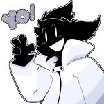  4_fingers anthro black_body blush blush_lines canid canine clothing coat eyebrows fingers fox gesture goo_creature happy low_res mammal open_mouth pixcello pixcello_(character) simple_background solo topwear v_sign white_background white_clothing white_coat white_topwear 