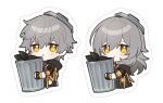  1boy 1girl black_jacket caelus_(honkai:_star_rail) chibi closed_mouth grey_hair hair_between_eyes honkai:_star_rail honkai_(series) jacket light_blush long_sleeves looking_at_viewer marimo_jh medium_hair short_hair simple_background stelle_(honkai:_star_rail) sticker trailblazer_(honkai:_star_rail) trash_bag trash_can upper_body white_background yellow_eyes 